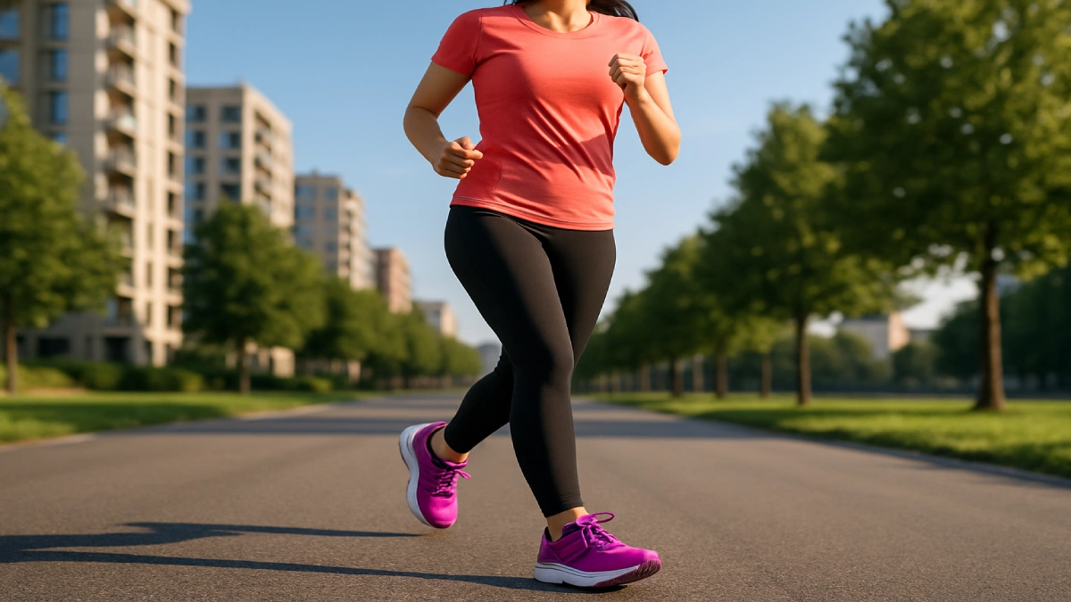 Alergătoare purtând adidași de alergare damă pe asfalt, într-un cadru urban, în timpul antrenamentului.