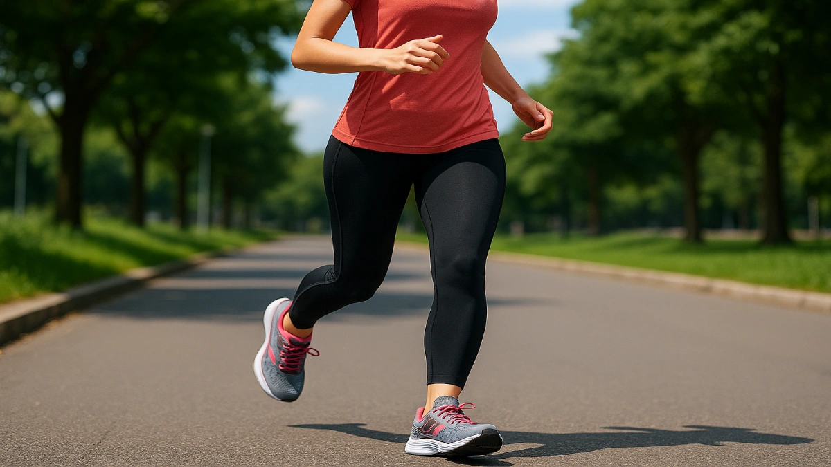 Alergătoare purtând adidași de alergare damă, în alergare relaxată pe asfalt, potriviți pentru distanțe lungi.