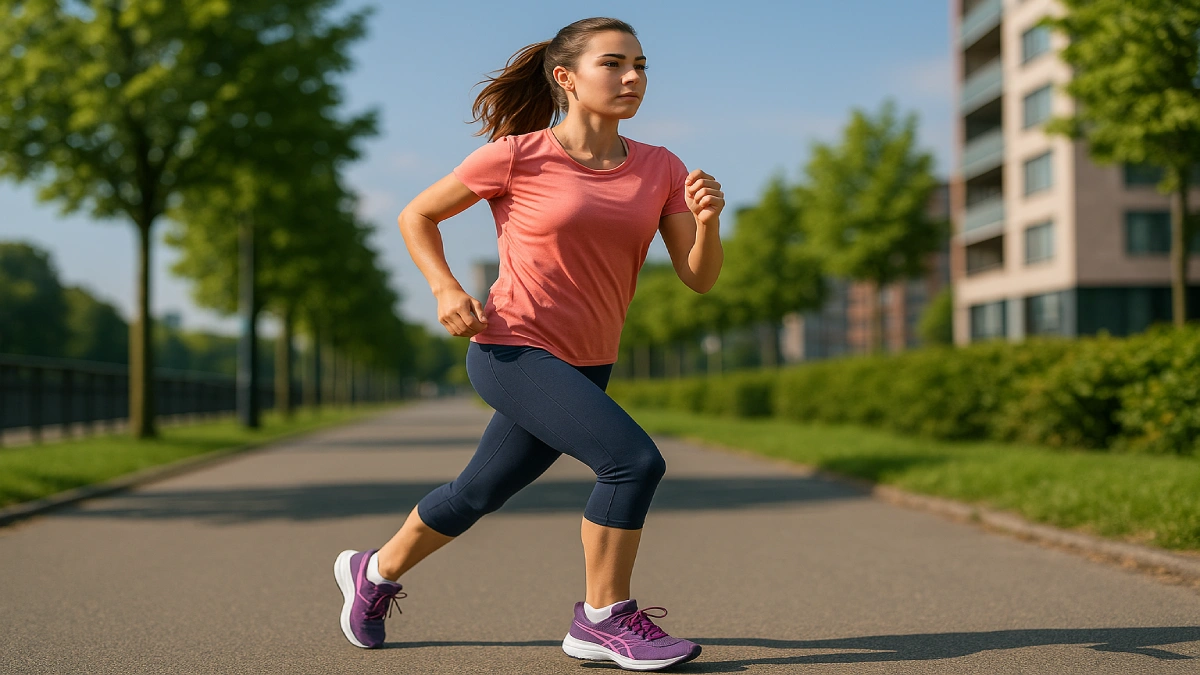 Alergătoare purtând adidași de alergare damă, alergare ușoară într-un parc urban, stil activ.