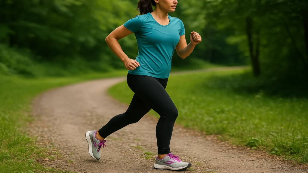 Alergătoare purtând adidași de alergare damă pe traseu de parc, pe teren natural ușor.