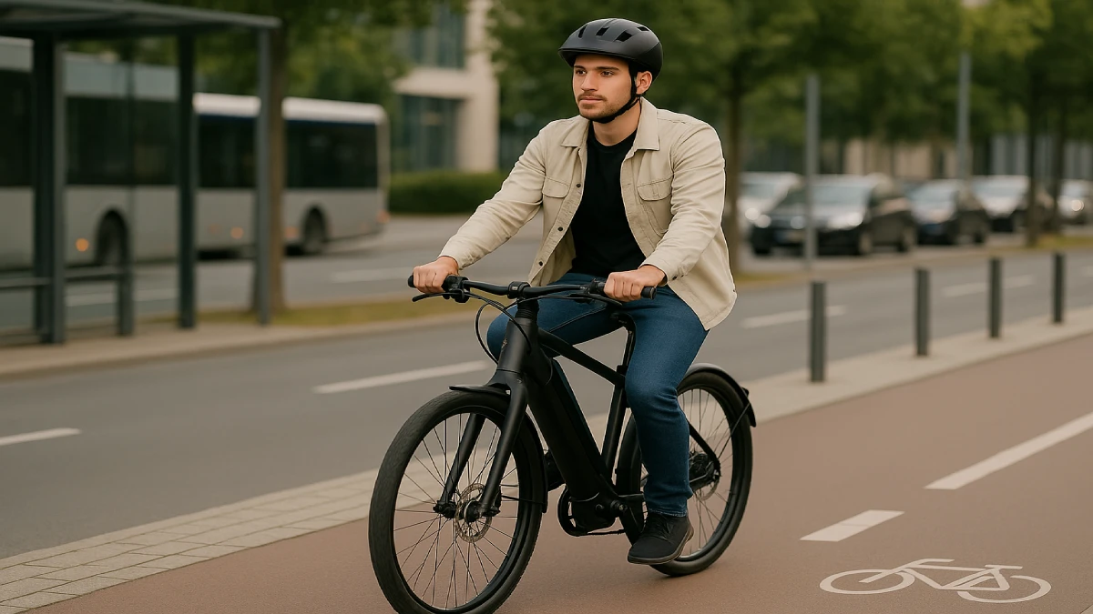 Bărbat mergând pe o bicicletă electrică neagră pe o pistă urbană, lângă o stație de autobuz