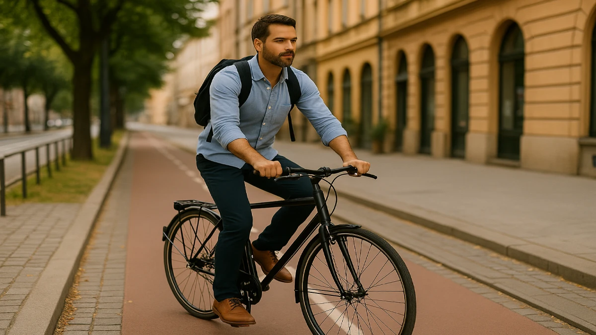 Bărbat mergând cu o bicicletă de oraș neagră pe o pistă de biciclete într-un cartier european