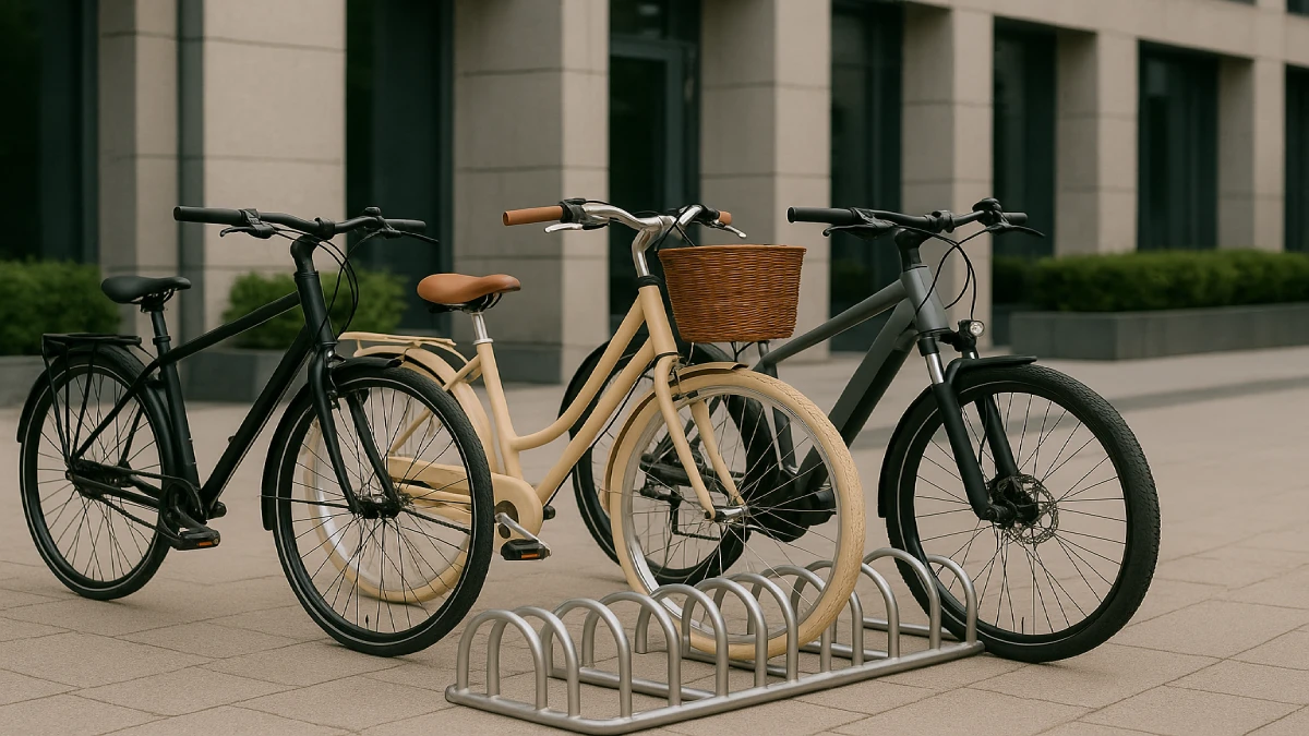 Trei biciclete de oraș parcate într-un rastel metalic, modele diferite: clasic, retro și urban modern