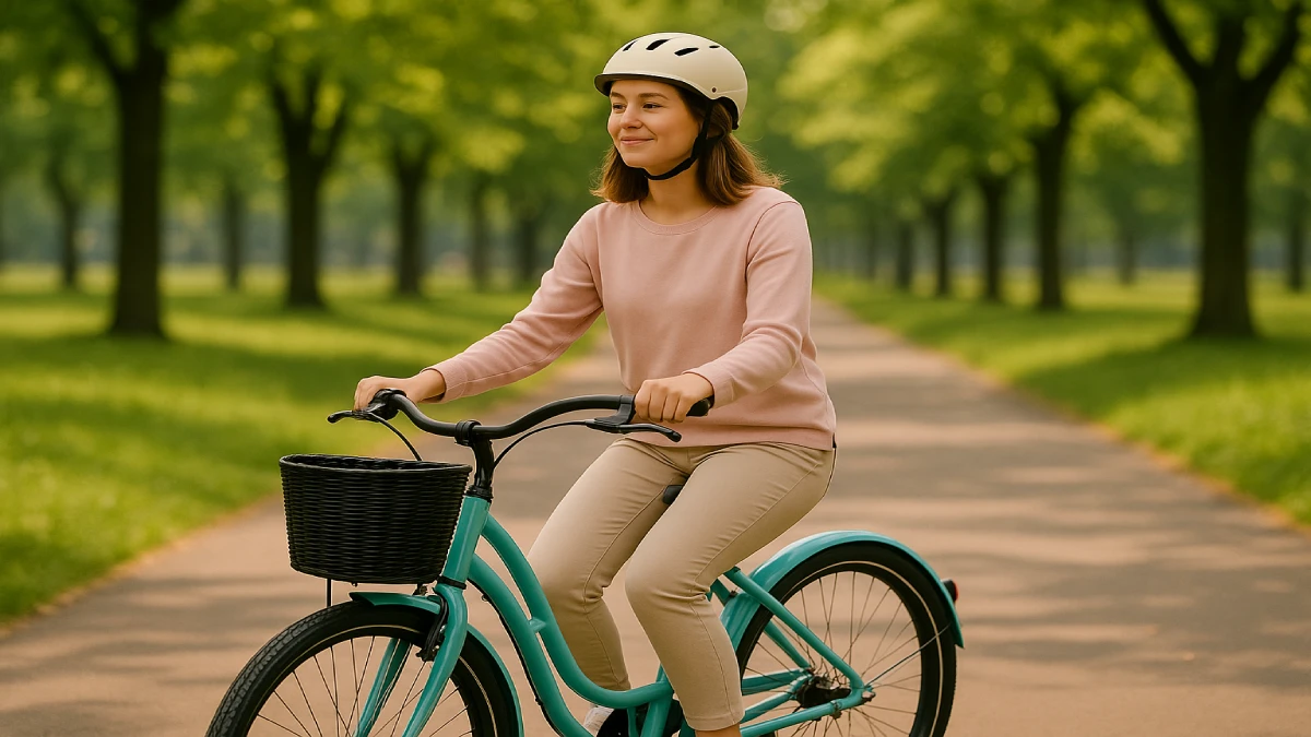 Tânără mergând pe o bicicletă de oraș turcoaz cu coș frontal, într-un parc cu alee și copaci
