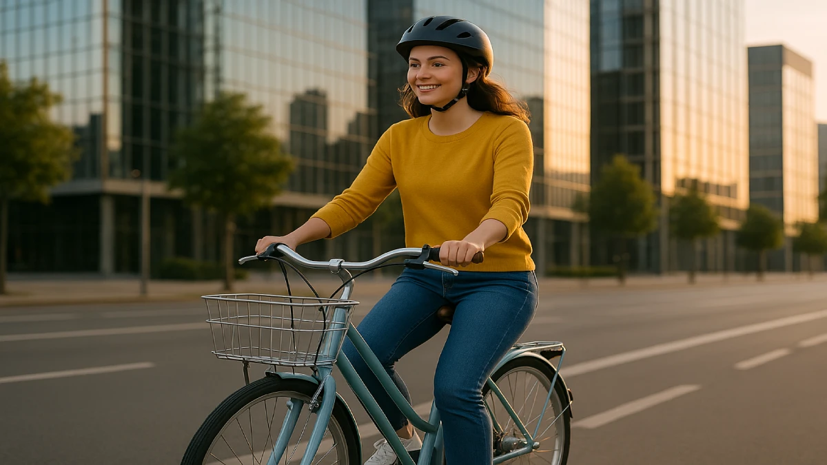 Tânără mergând pe bicicletă de oraș albastră pe o stradă modernă, lângă clădiri din sticlă