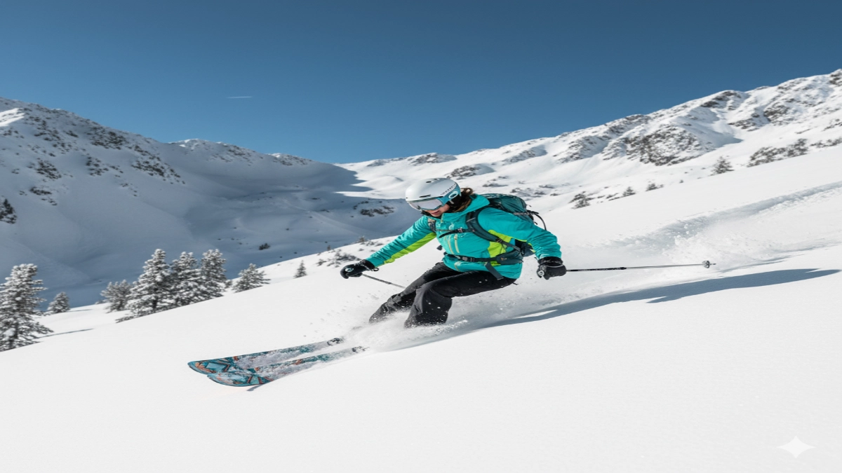 schioare freeride coborând în zăpadă adâncă cu schiuri pentru femei