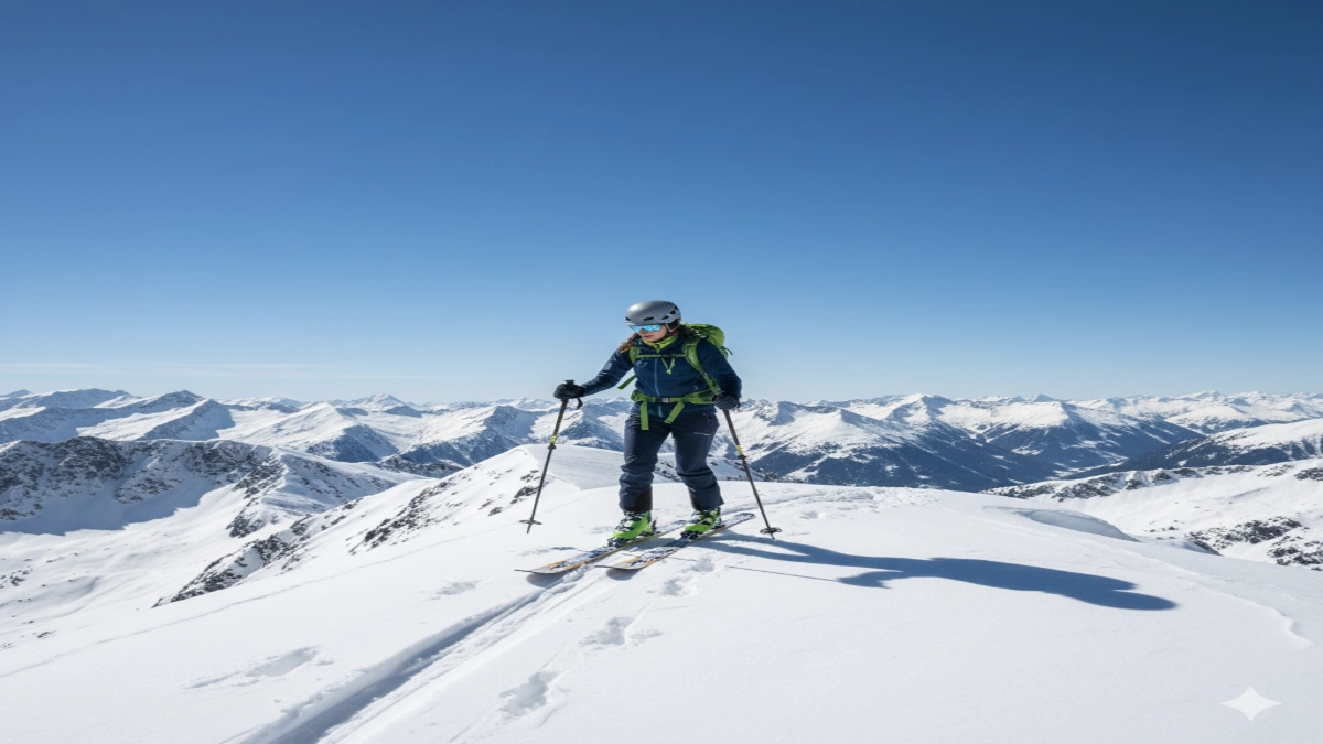 schioare echipată pentru schi de tură pe creastă montană cu schiuri pentru femei