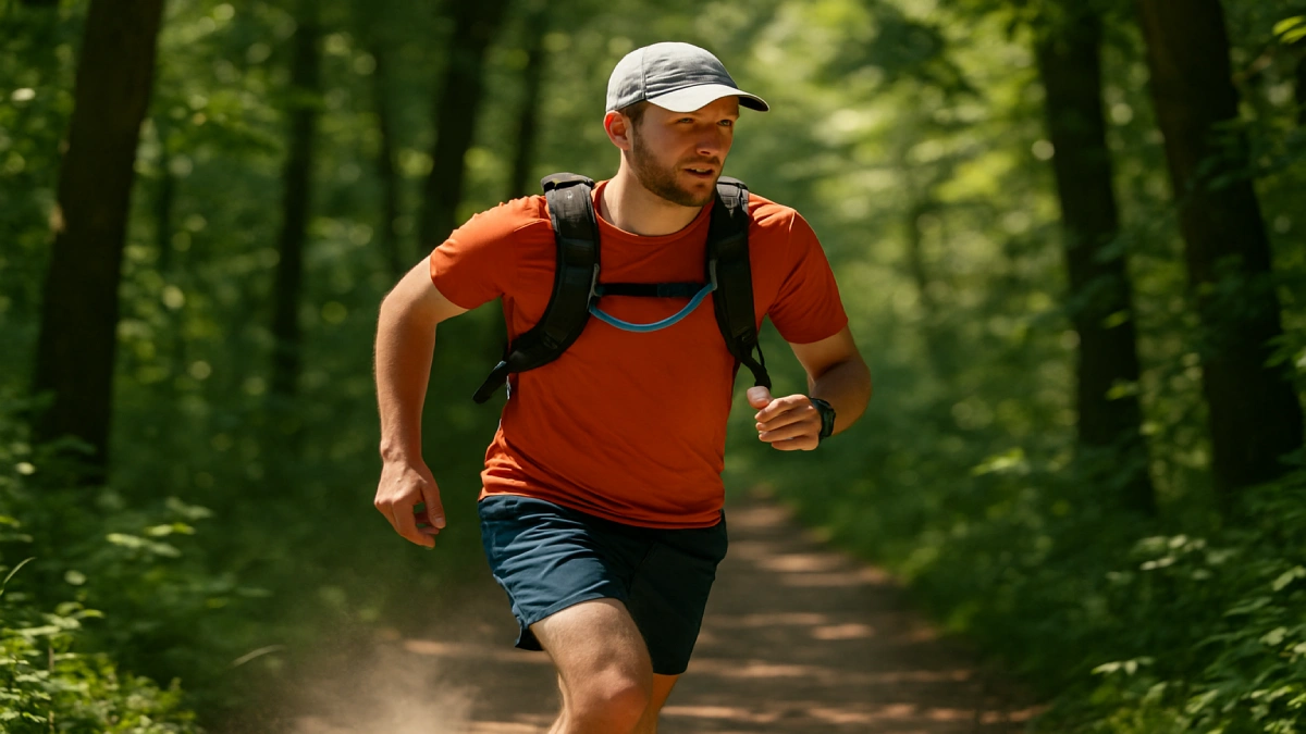 Alergător montan purtând un rucsac de hidratare pe o potecă de pădure
