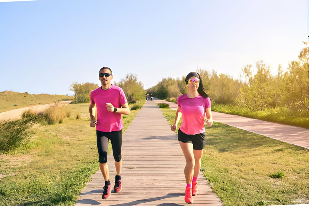 Alergători purtând ochelari de soare sport pe o pistă în aer liber