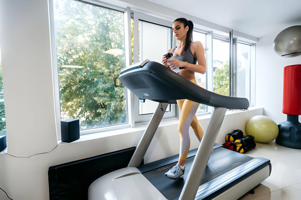 Tânără antrenându-se pe o bandă de alergat într-un interior modern cu ferestre mari