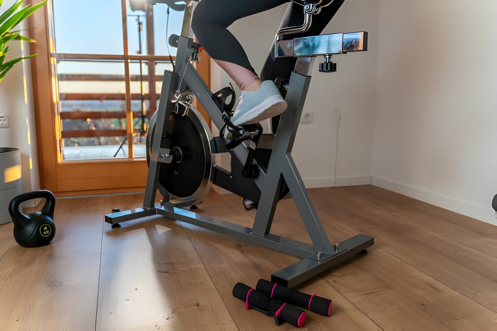 Antrenament intens pe bicicleta fitness într-un interior domestic, cu fereastră și lumina naturală