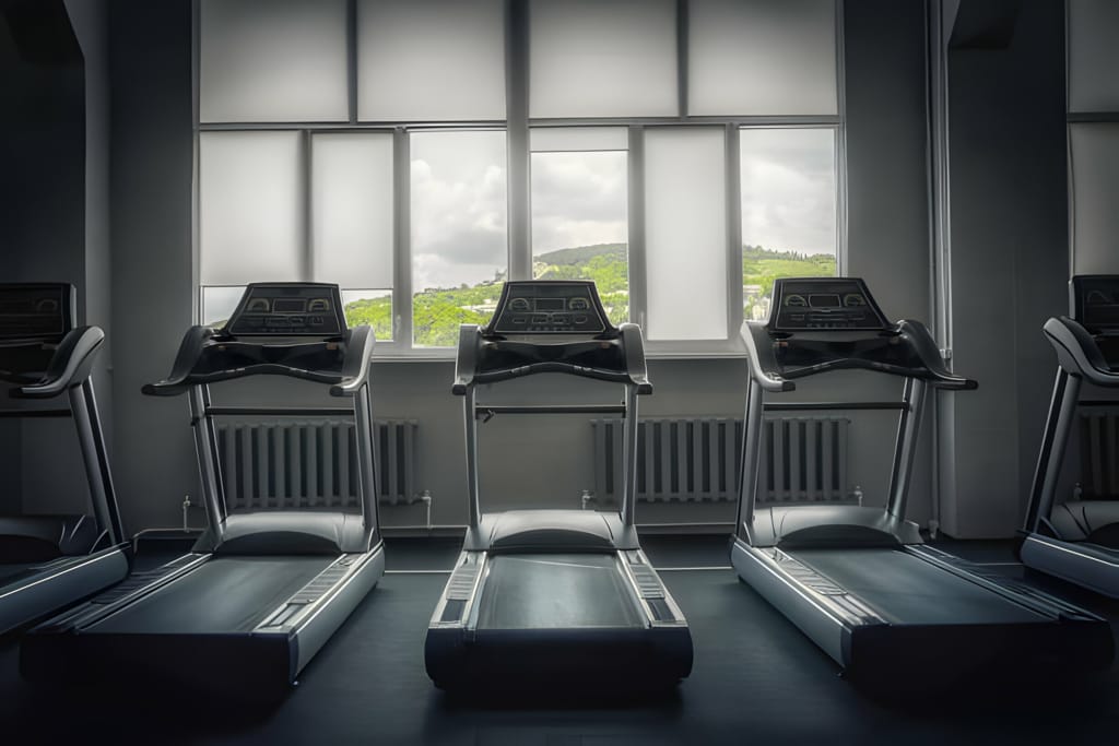 Rând de benzi de alergat profesionale într-o sală de fitness cu ferestre mari cu vedere spre coline verzi