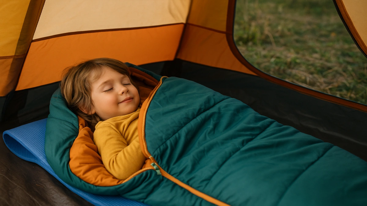 Copil dormind liniștit într-un sac de dormit colorat, într-un cort de camping.