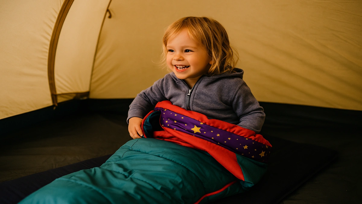Copil zâmbitor intrând într-un sac de dormit colorat, în interiorul unui cort de camping.
