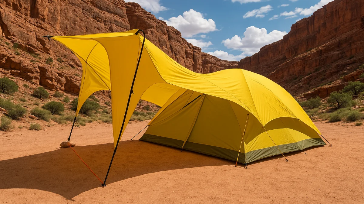 Cort mare de camping galben montat într-un canion cu pereți de rocă roșiatică, sub cer senin.