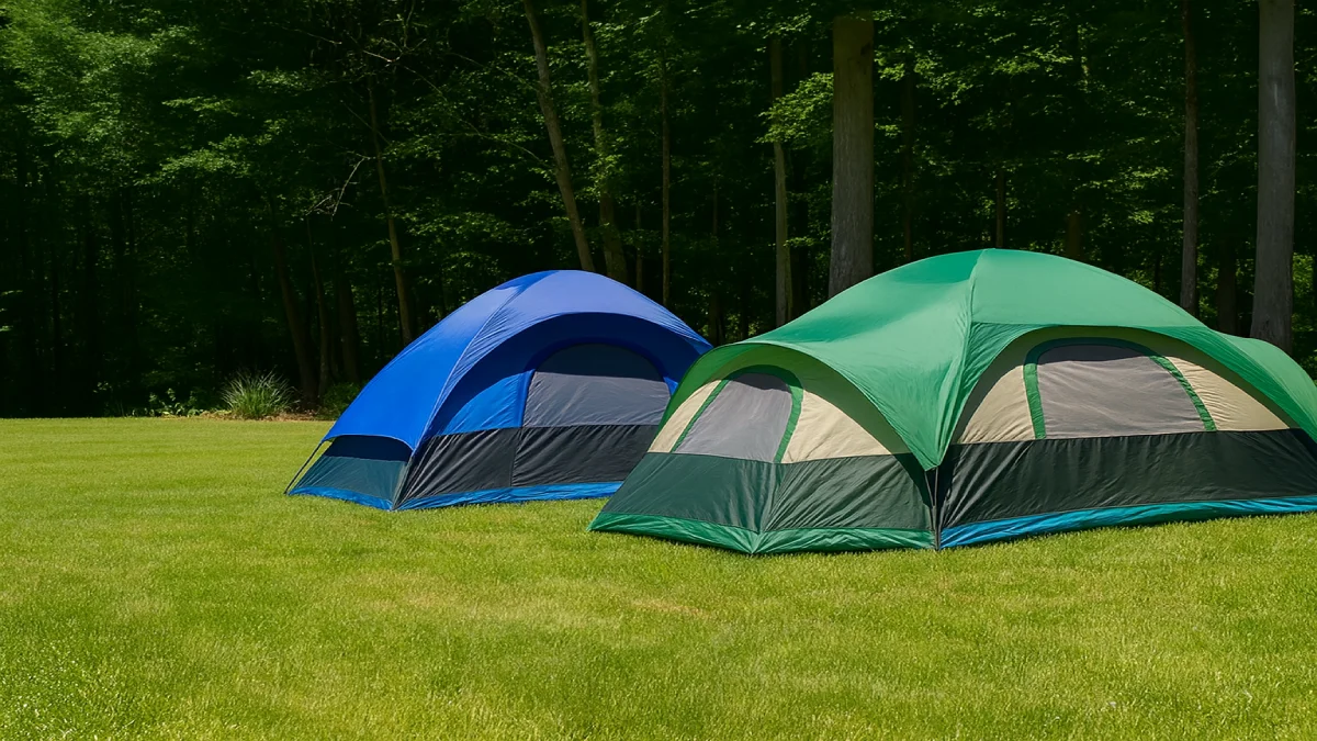 Două corturi de camping, unul albastru și unul verde, amplasate pe o poiană verde la marginea unei păduri.