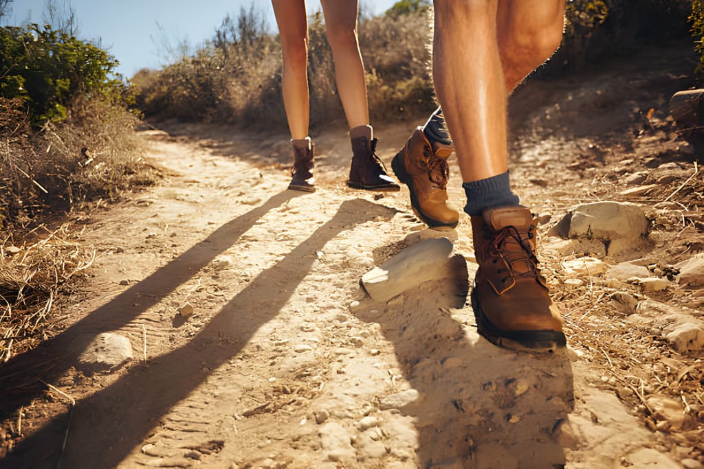 Drumeți în acțiune, purtând bocanci de drumeție pe un traseu muntos.