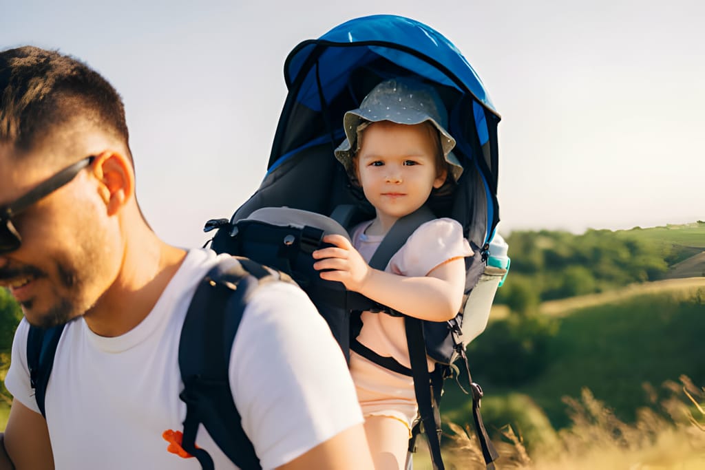 Tatăl merge pe un traseu rural cu un rucsac de transport copii.