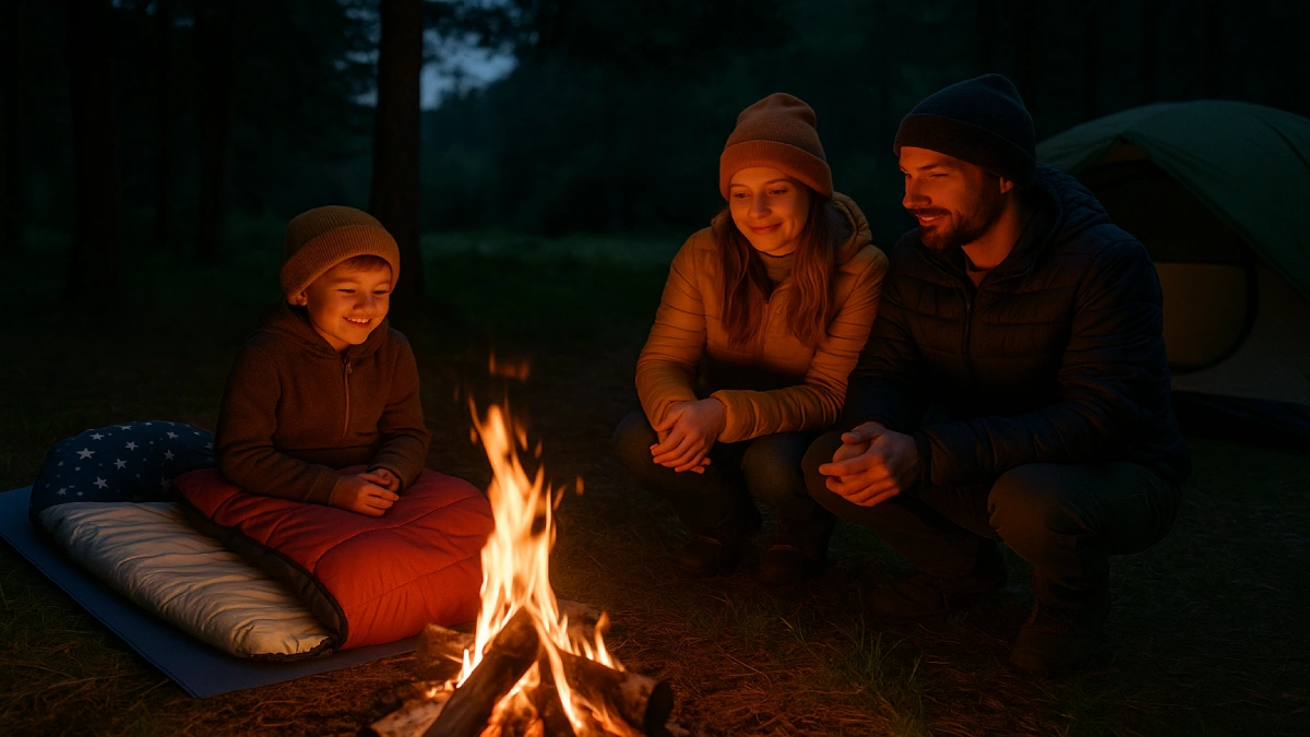 Familie cu un copil lângă un foc de tabără, copilul având sacul de dormit lângă el, într-o poiană la apus.