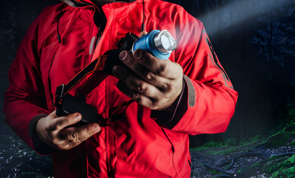 Drumeț echipat cu geacă roșie ajustând o lanternă frontală de culoare argintie într-o pădure întunecată.