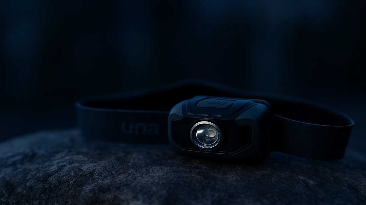 Lanternă frontală fotografiată în prim-plan, așezată pe o piatră, în timpul nopții.