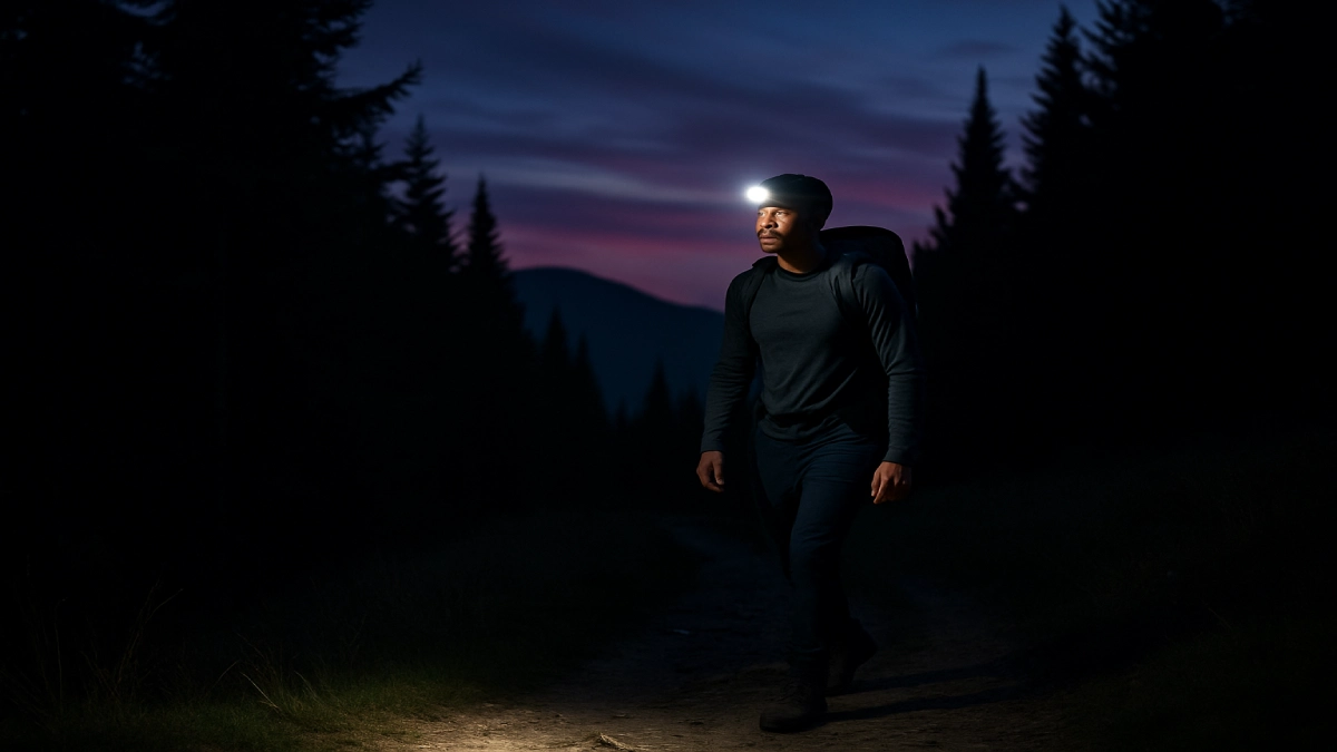 Drumeț pe potecă montană noaptea, folosind o lanternă frontală pentru iluminare.