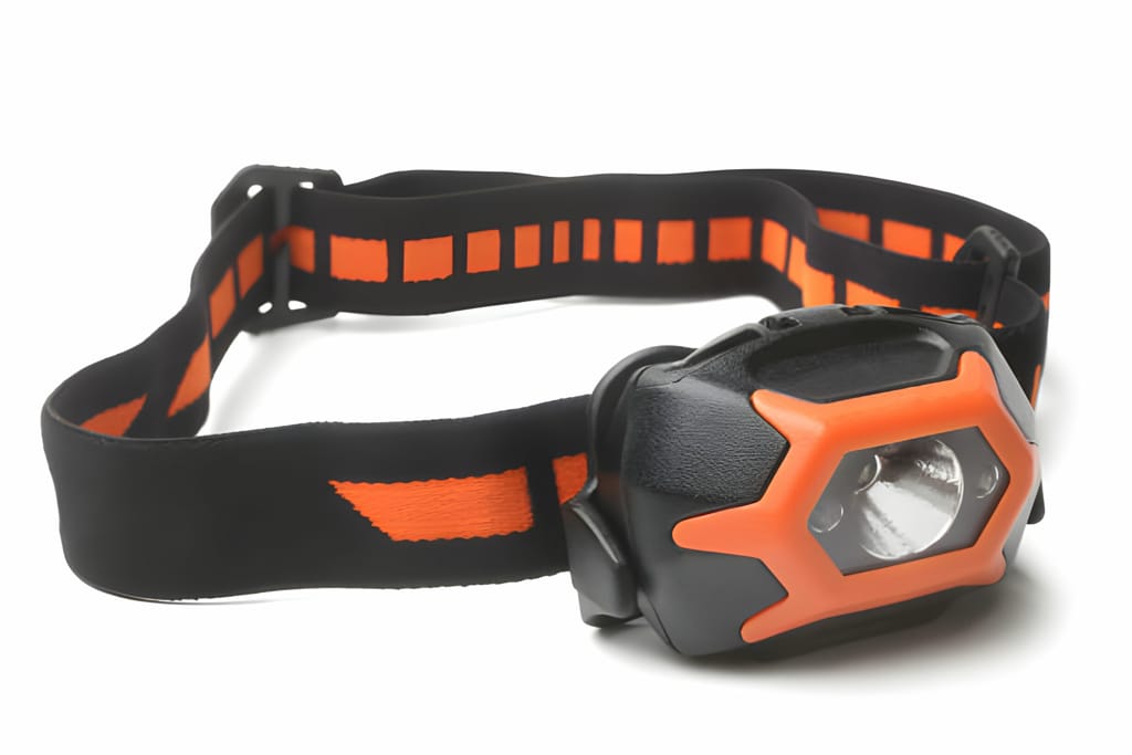 Lanternă frontală cu bandă ajustabilă negru cu portocaliu izolată pe fundal alb.
