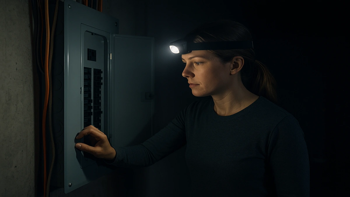 Femeie verificând panoul electric în timpul unei pene de curent, iluminată de o lanternă frontală.