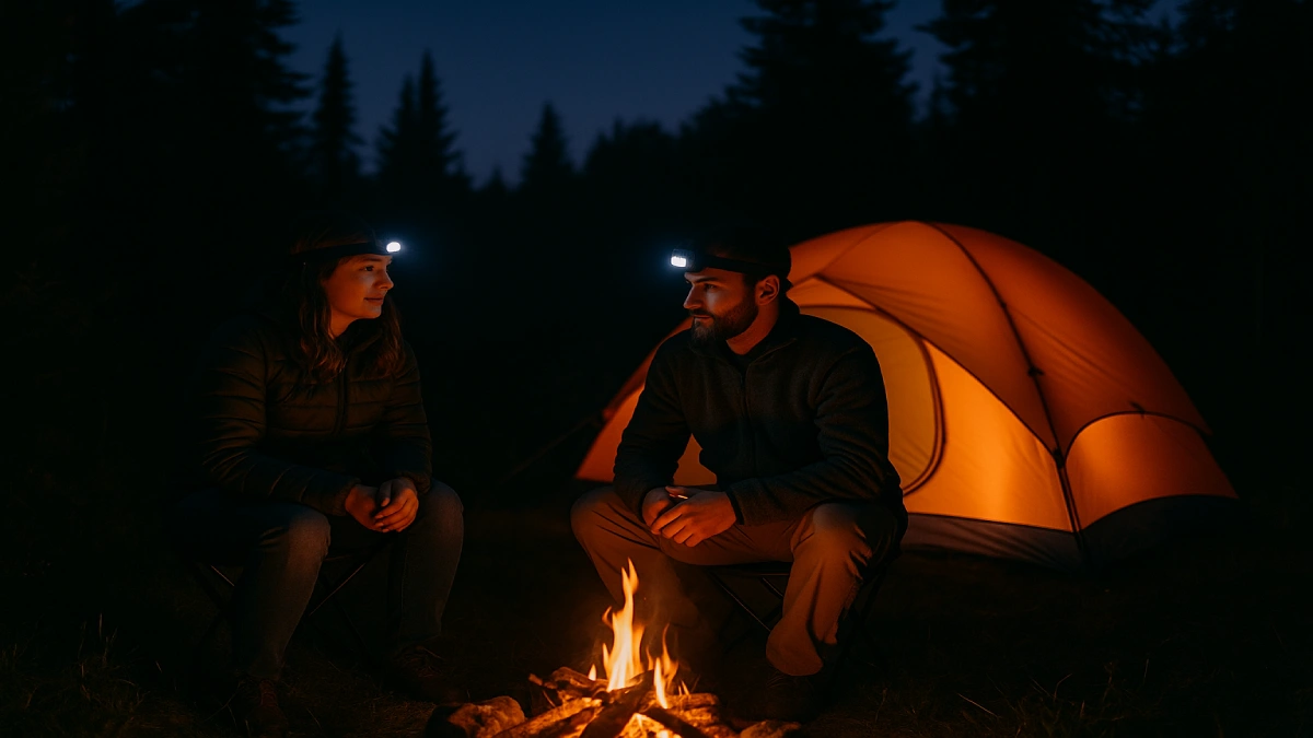 Cuplu în camping, stând lângă focul de tabără și folosind lanterne frontale pentru iluminare.