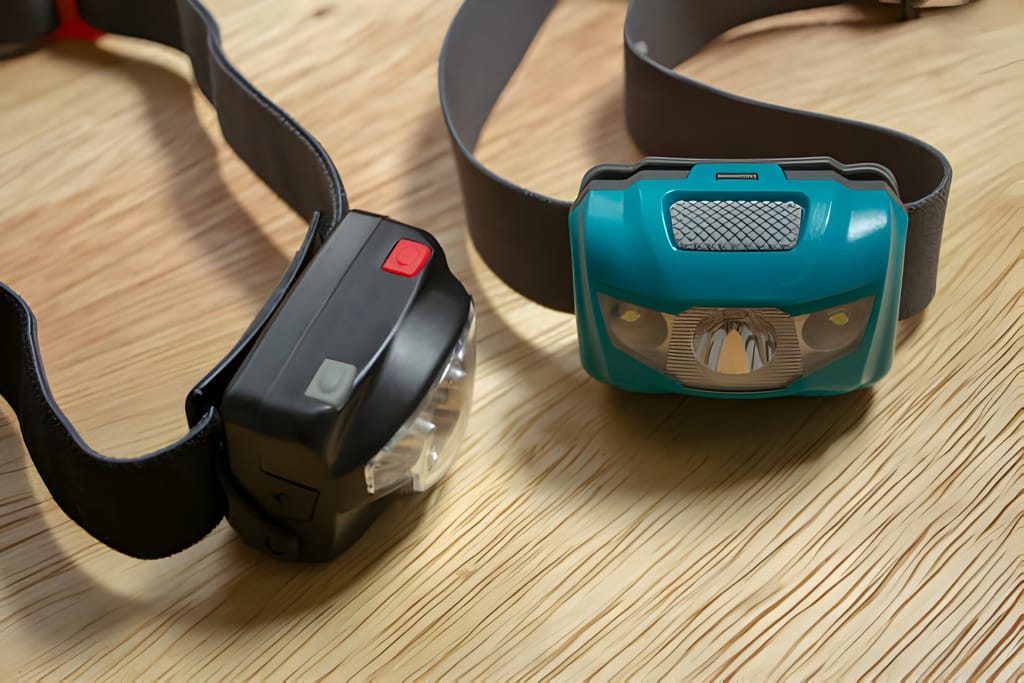 Două lanterne frontale moderne, una negru cu roșu și alta albastru deschis, pe un fundal de lemn.