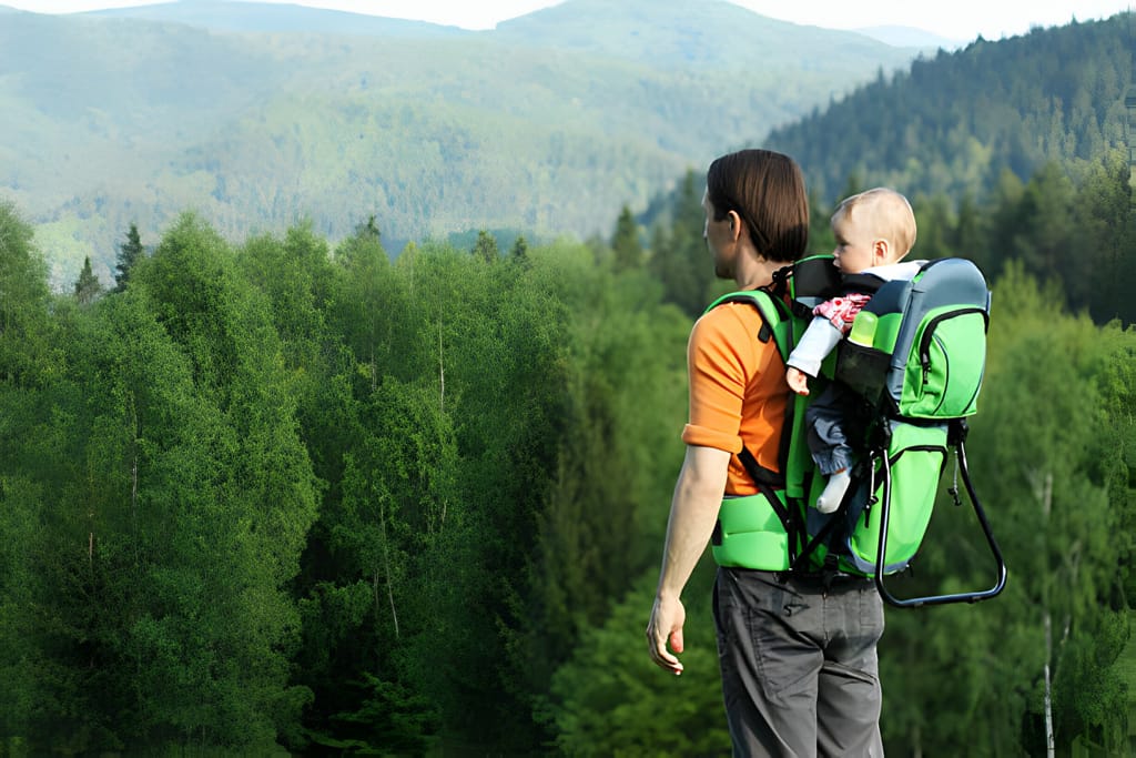 Tatăl cărând un copil într-un rucsac de transport pentru copii în timp ce explorează natura.