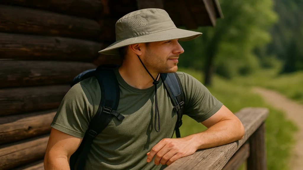 Drumeț aflat în pauză lângă o cabană, purtând pălărie de soare pentru drumeții cu bor larg