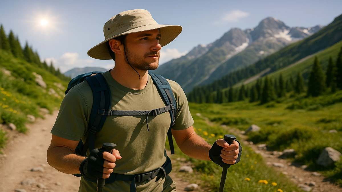 Drumeț pe traseu alpin purtând pălărie de soare pentru drumeții cu bor larg, în condiții de soare intens