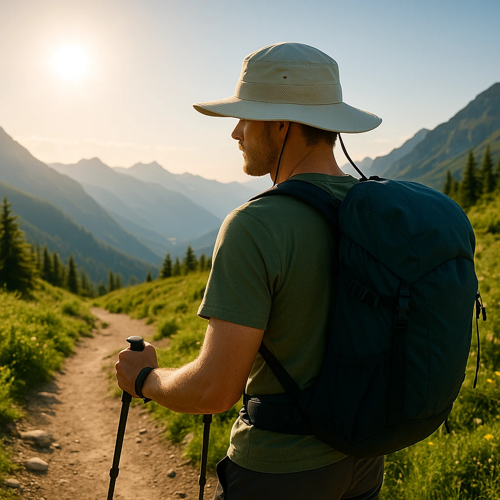 Drumeț pe traseu montan purtând pălărie de soare cu bor larg, în condiții de soare puternic
