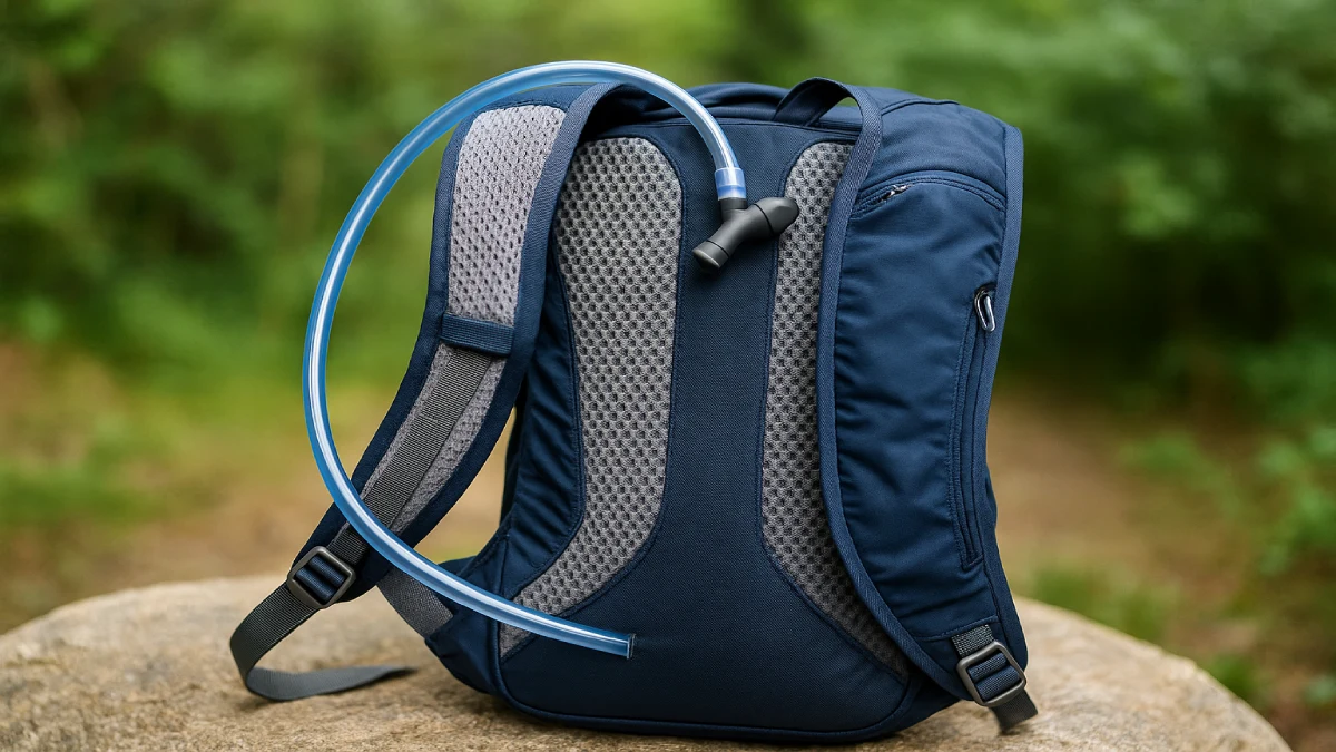 Rucsac de hidratare albastru fotografiat în prim-plan, cu tub și panou ventilat