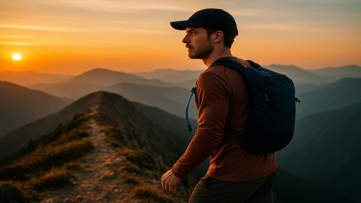 Drumeț pe creastă la apus purtând un rucsac de hidratare albastru