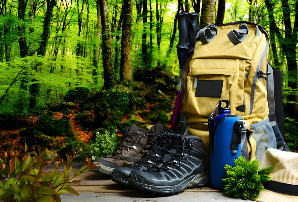 Rucsac de hidratare galben cu sticle de apă, amplasat în fața unui peisaj forestier, alături de încălțăminte de drumeție și pălărie