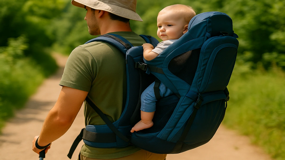 Părinte purtând rucsac de transport copii, cu focus pe poziția și confortul copilului