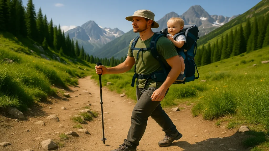 Părinte aflat în drumeție montană purtând copilul într-un rucsac de transport copii