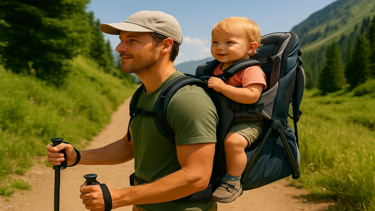 Părinte purtând rucsac de transport copii în timpul unei drumeții ușoare pe potecă