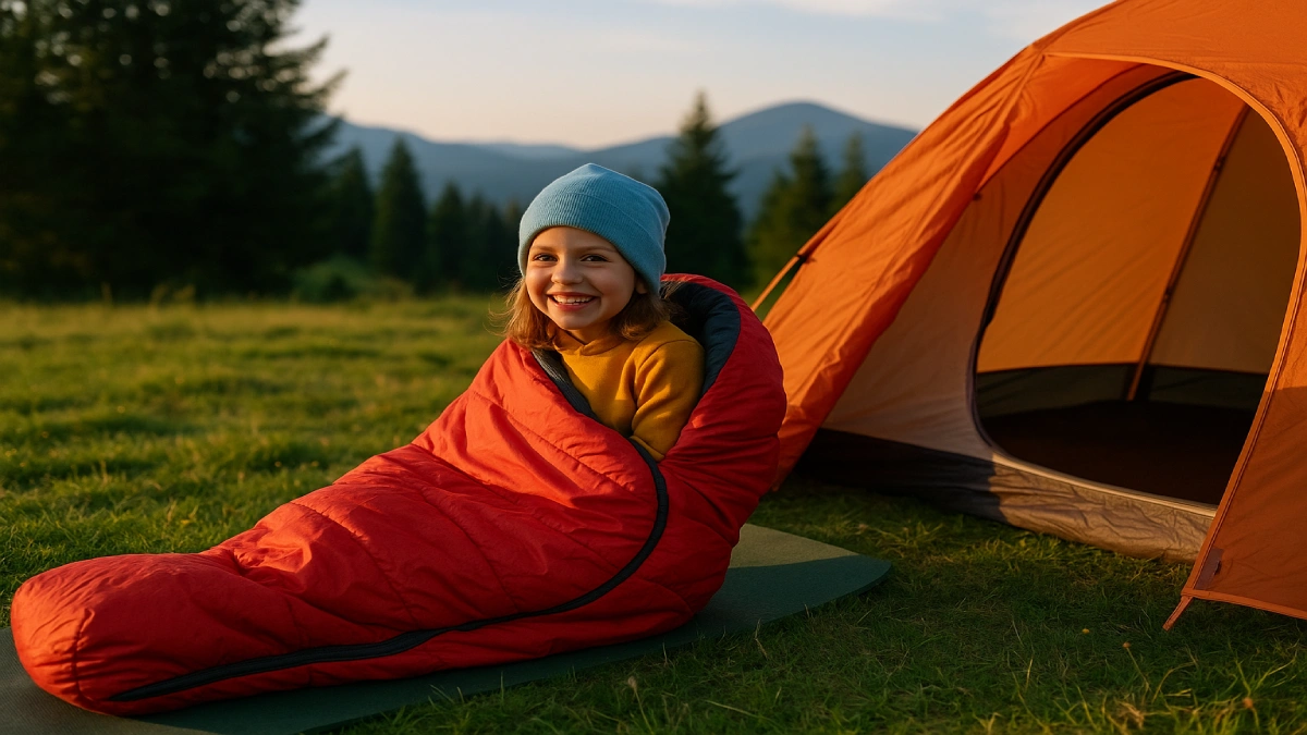 Fetiță într-un sac de dormit roșu, zâmbind în fața unui cort, într-un cadru natural de camping.
