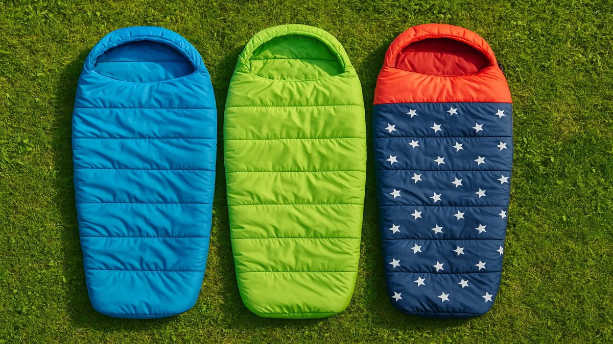 Trei saci de dormit pentru copii, așezați pe iarbă, în culori și modele diferite.