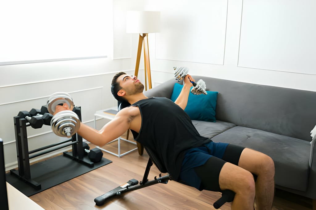 Bărbat efectuând exerciții pe bancă cu gantere reglabile