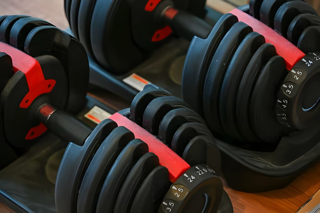 Set de gantere reglabile pe suport cu mărci de greutate vizibile