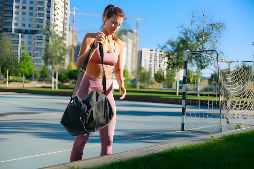 Femeie cu geantă de sală stilată mergând spre sala de fitness