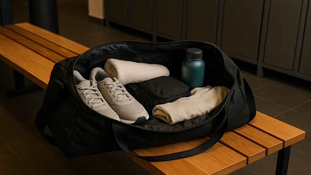 Geantă de sală deschisă, cu pantofi sport, prosop, haine de schimb și sticlă de apă, așezată pe o bancă în vestiar