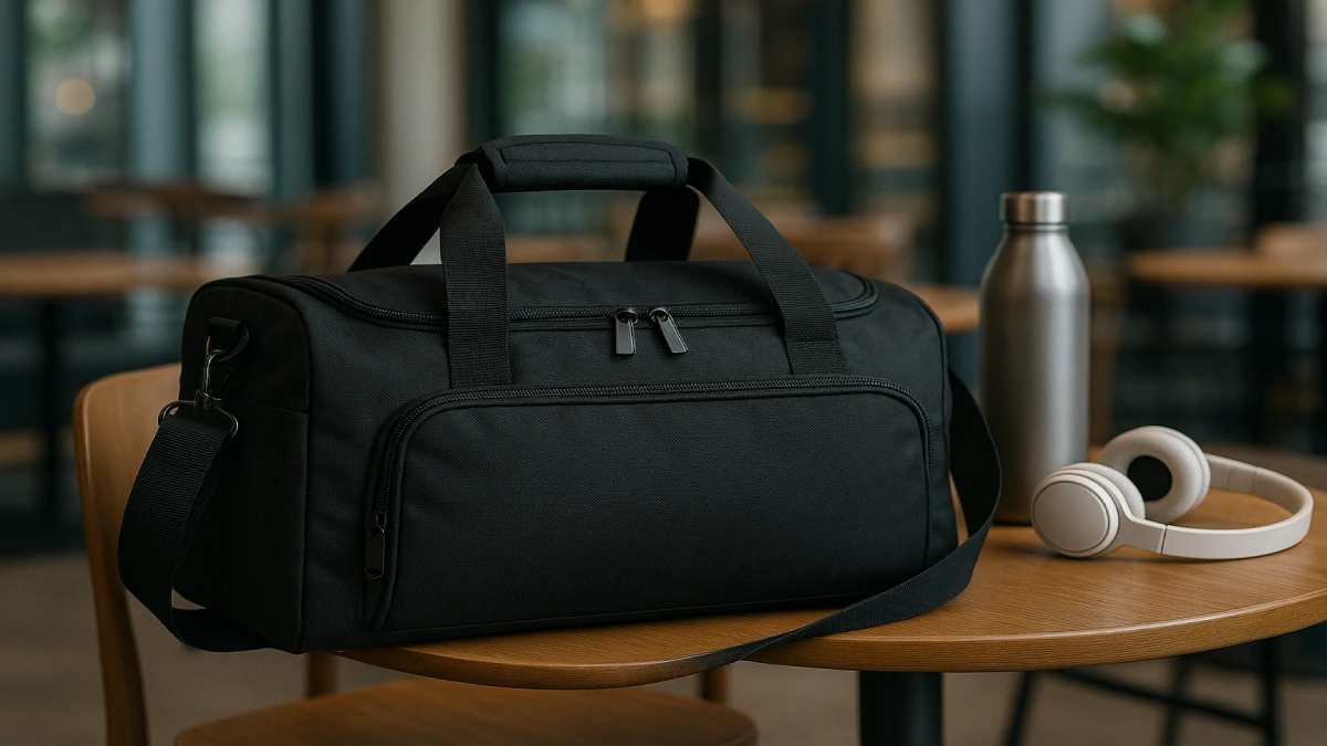 Geantă de sală cu materiale rezistente, fermoare solide și cusături întărite, așezată pe o masă într-un spațiu urban