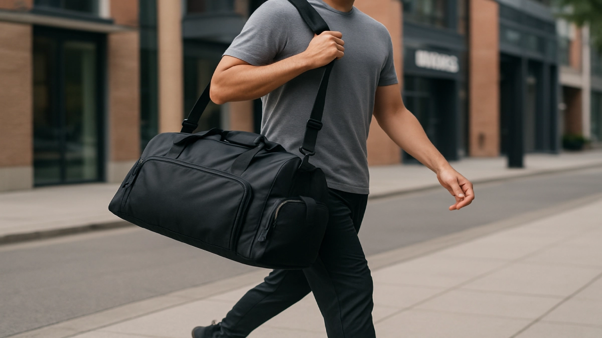 Persoană care transportă o geantă de sală pe umăr, mergând pe stradă spre sala de fitness