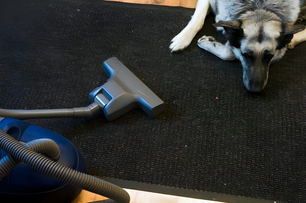 Aspirator alături de un câine pe covorul negru, demonstrând eficiența în colectarea părului de animale