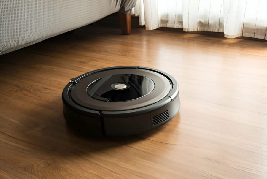 Aspirator robot negru eficientizând curățenia pe parchet